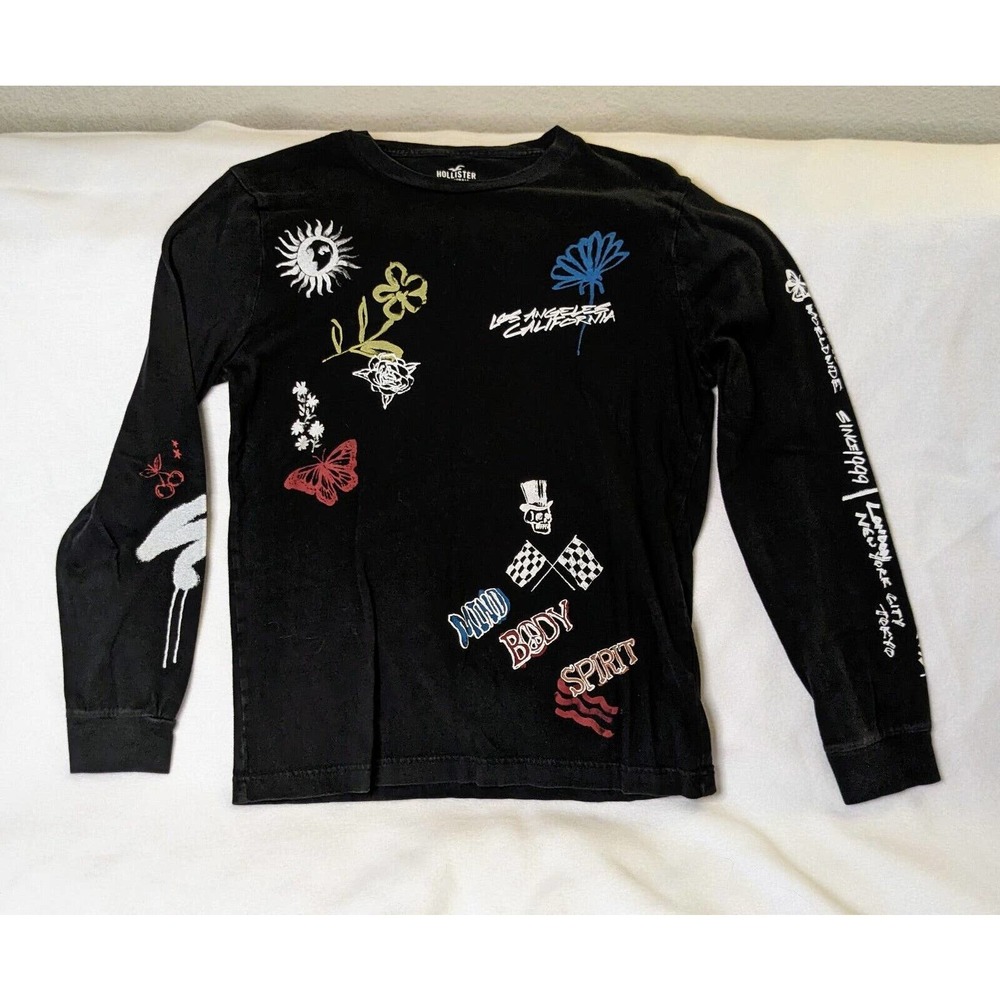 Hollister Sz XS Black Long Sleeve T Shirt Skull, Logo, blackboard, LA Calif